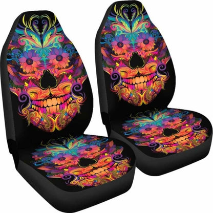 Set Of 2 Colorful Sugar Skull Car Seat Covers 101207