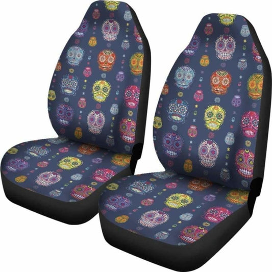Set Of 2 Colorful Sugar Skull Car Seat Covers 101207
