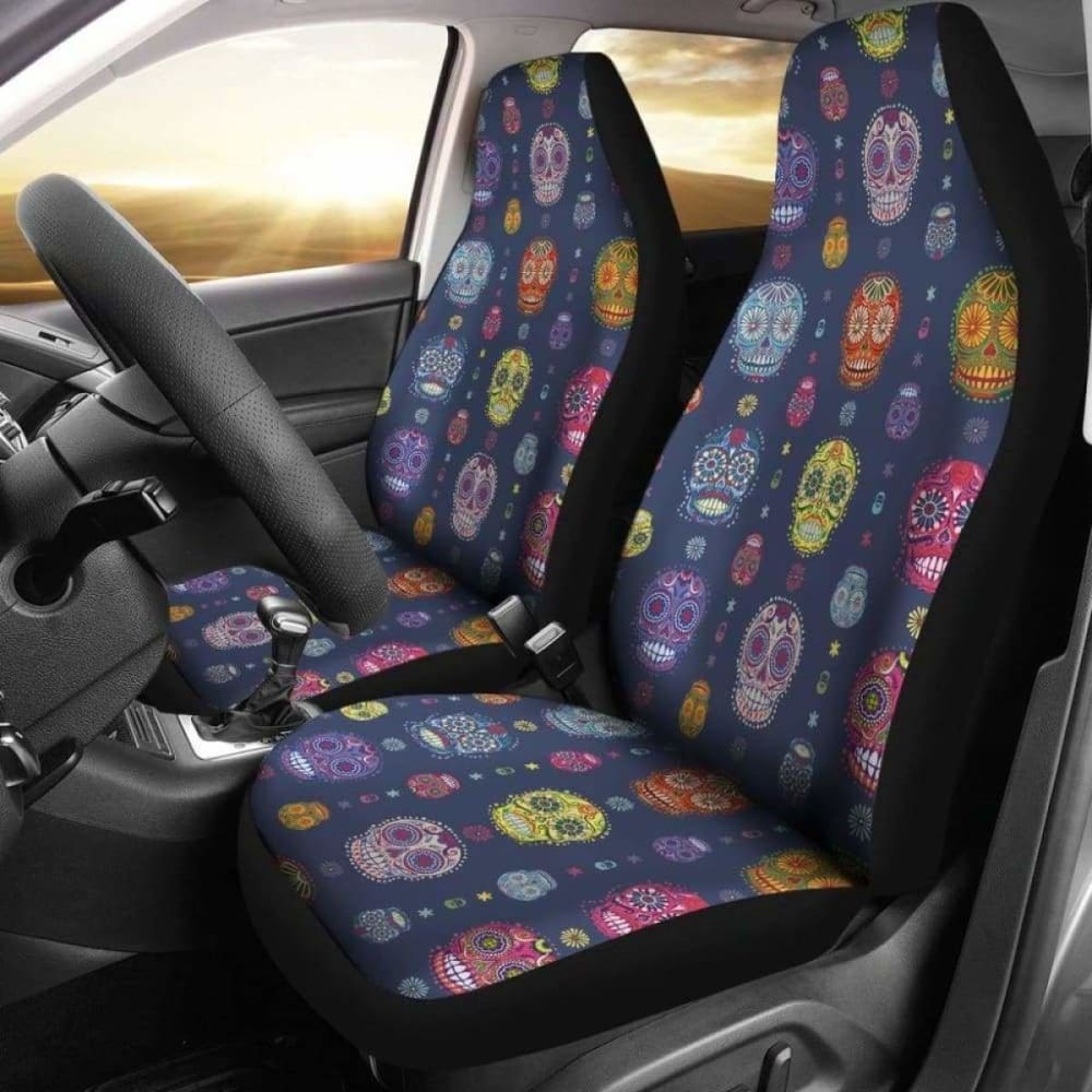 Set Of 2 Colorful Sugar Skull Car Seat Covers 101207