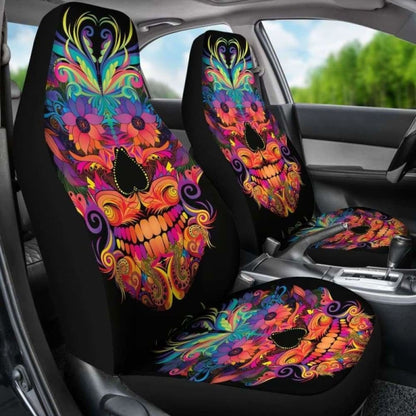 Set Of 2 Colorful Sugar Skull Car Seat Covers 101207