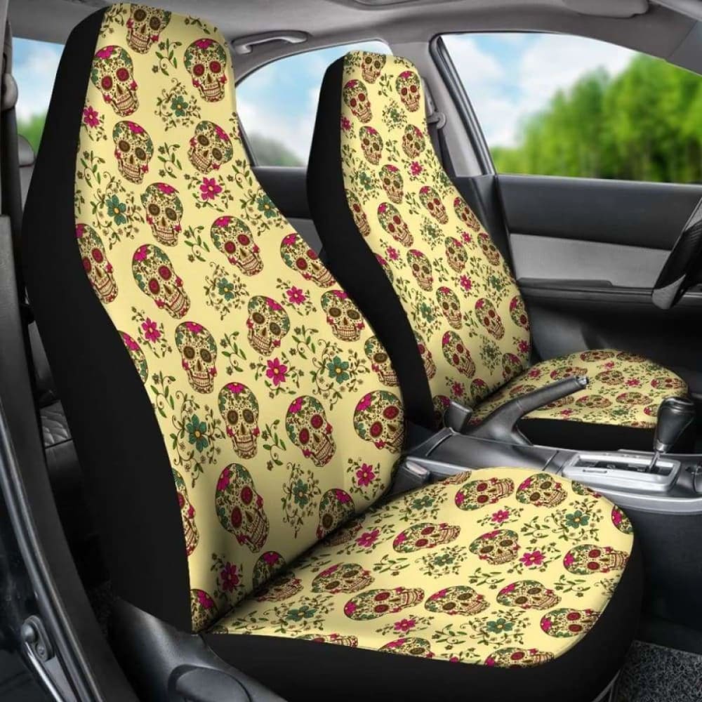 Set Of 2 Day Of The Dead Sugar Skull Car Seat Cover 101207