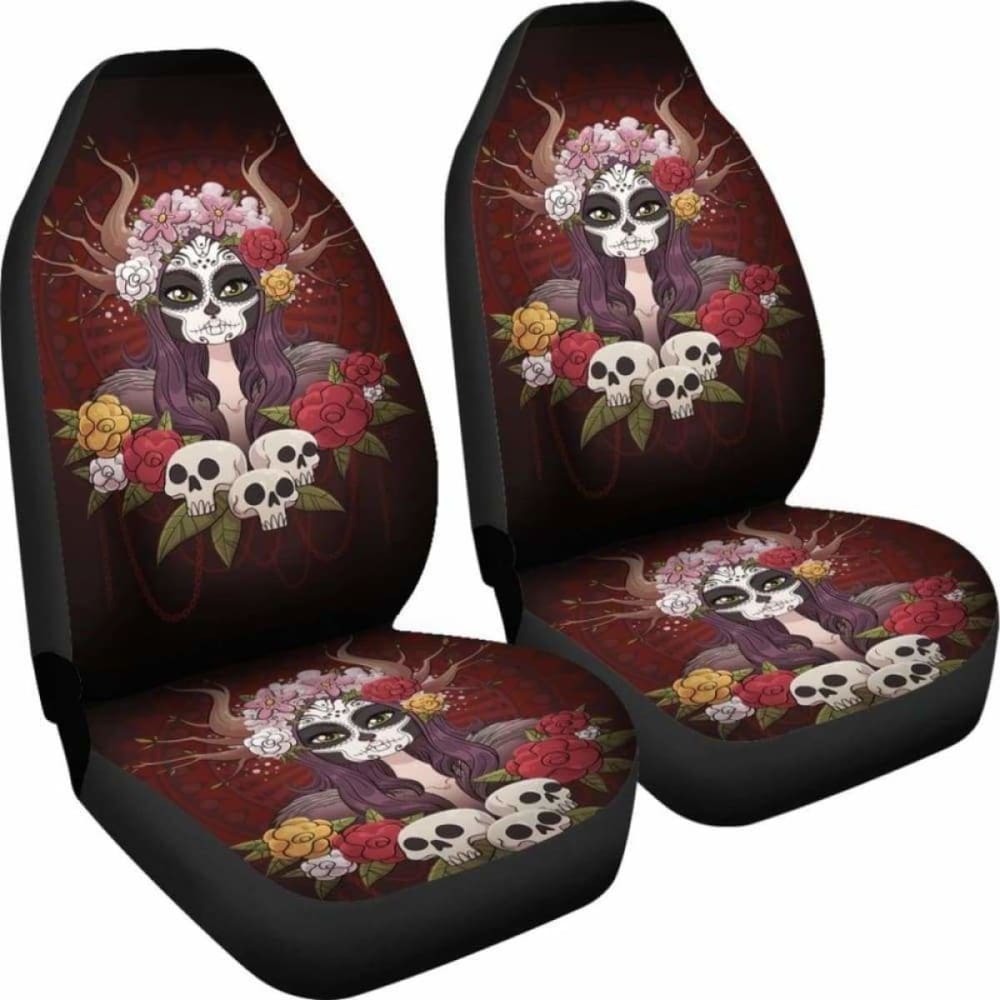 Set Of 2 Day Of The Dead Sugar Skull Car Seat Covers 101207