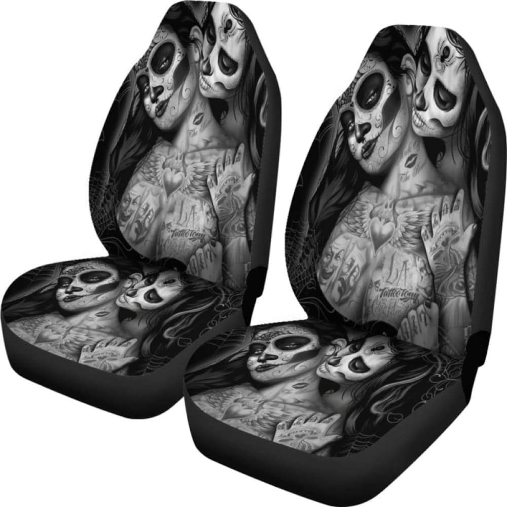 Set Of 2 Day Of The Dead Sugar Skull Car Seat Covers 101207