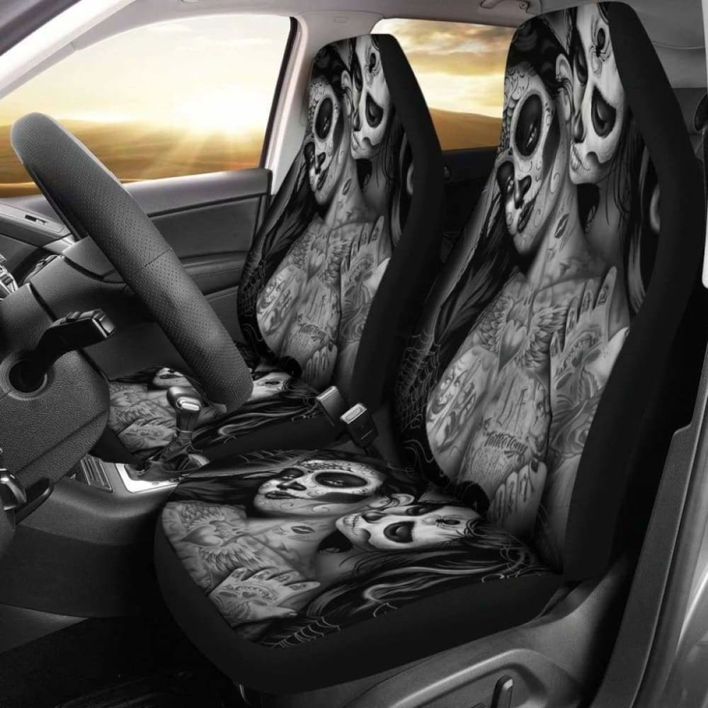 Set Of 2 Day Of The Dead Sugar Skull Car Seat Covers 101207