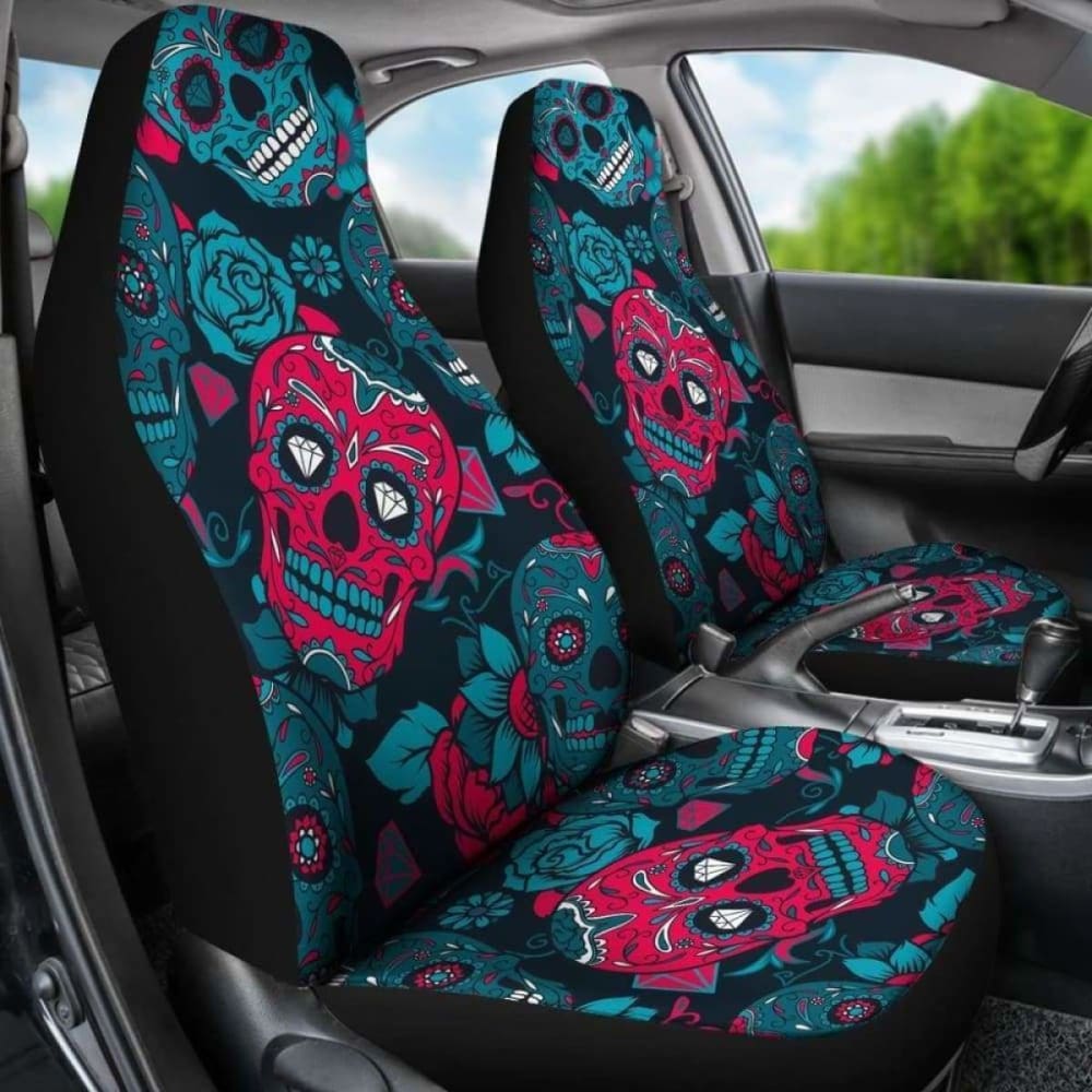 Set Of 2 Day Of The Dead Sugar Skull Car Seat Covers 101207