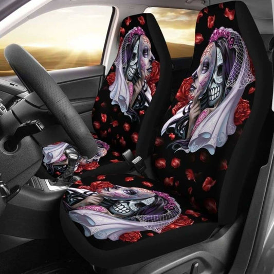 Set Of 2 Day Of The Dead Sugar Skull Car Seat Covers 101207