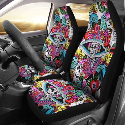 Set Of 2 Day Of The Dead Sugar Skull Car Seat Covers 101207