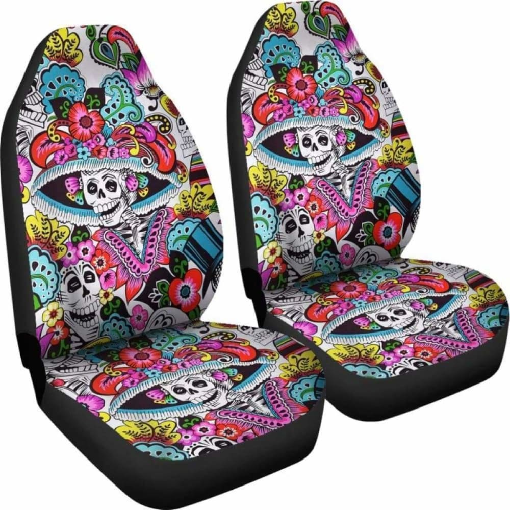 Set Of 2 Day Of The Dead Sugar Skull Car Seat Covers 101207