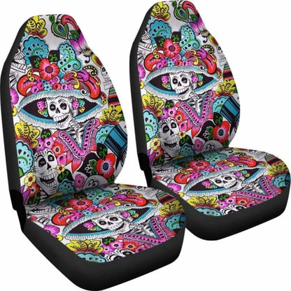 Set Of 2 Day Of The Dead Sugar Skull Car Seat Covers 101207