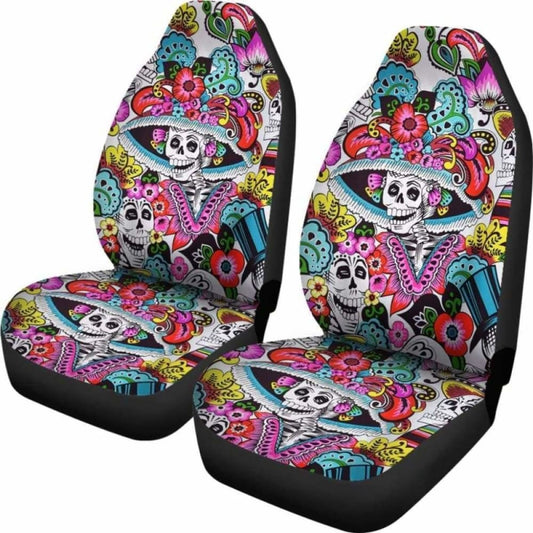 Set Of 2 Day Of The Dead Sugar Skull Car Seat Covers 101207