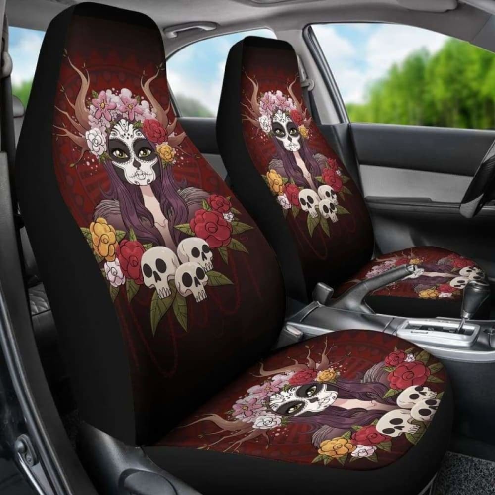 Set Of 2 Day Of The Dead Sugar Skull Car Seat Covers 101207