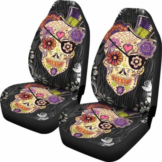 Set Of 2 Day Of The Dead Sugar Skull Gothic Car Seat Covers 172727