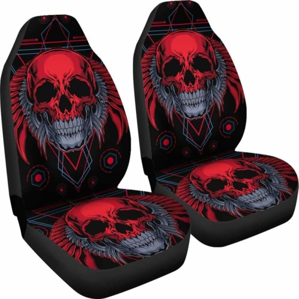 Set Of 2 Flaming Fire Red Skull Car Seat Covers 101207