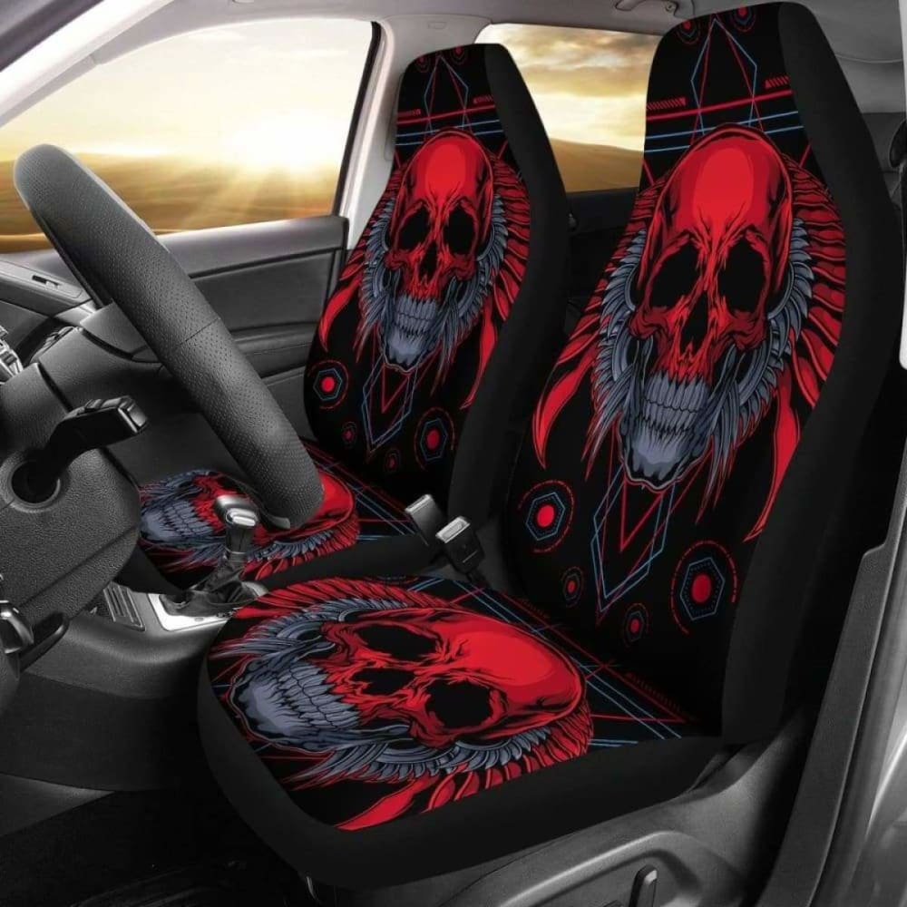Set Of 2 Flaming Fire Red Skull Car Seat Covers 101207