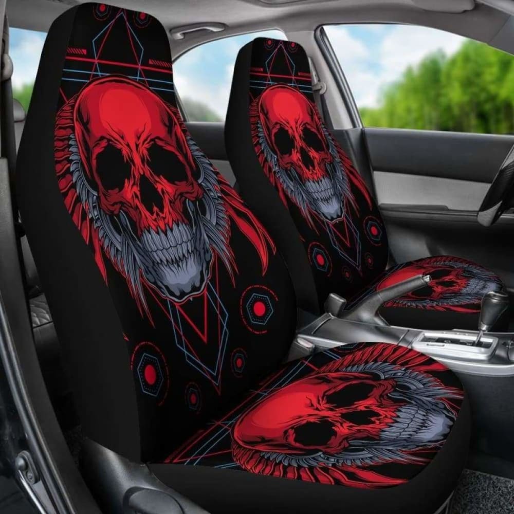 Set Of 2 Flaming Fire Red Skull Car Seat Covers 101207