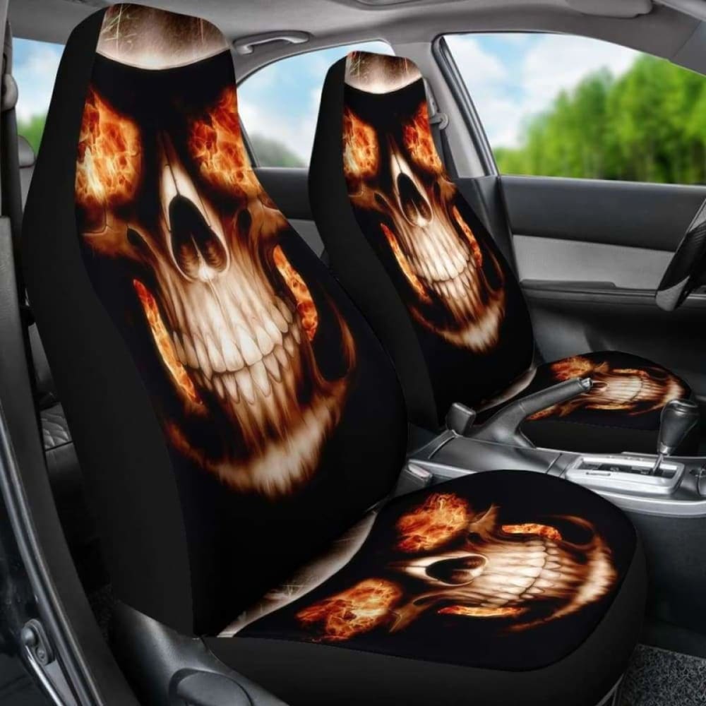 Set Of 2 Flaming Fire Skull Car Seat Covers 110728 - YourCarButBetter