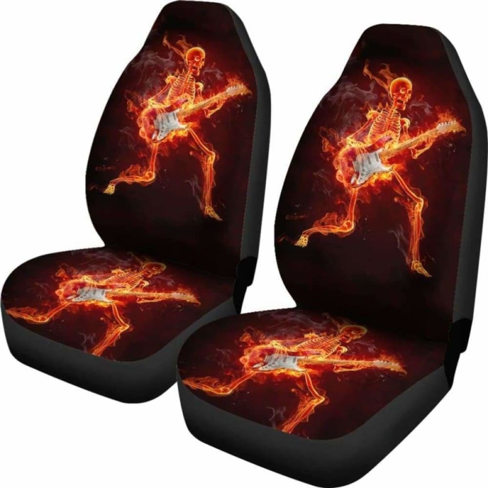 Set Of 2 Flaming Fire Skull Car Seat Covers 110728 - YourCarButBetter