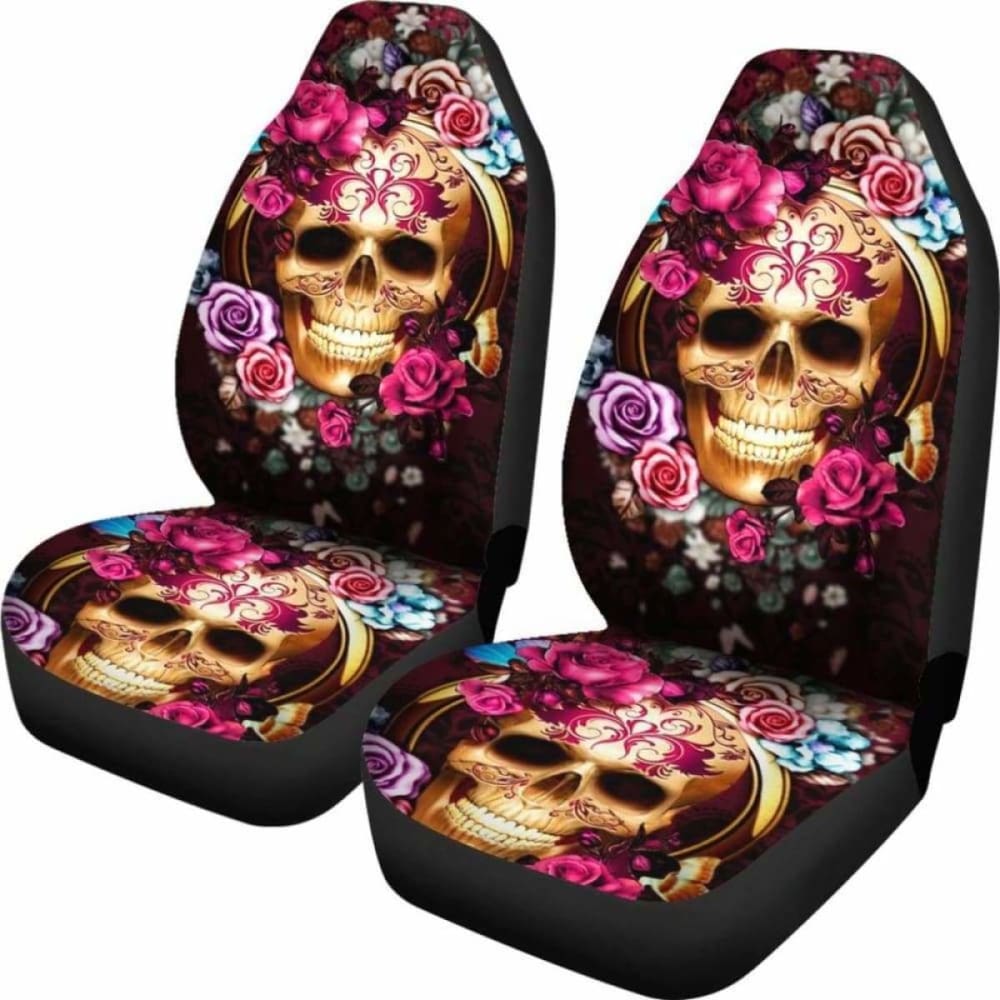 Set Of 2 Floral Beautiful Sugar Skull Car Seat Covers 101207