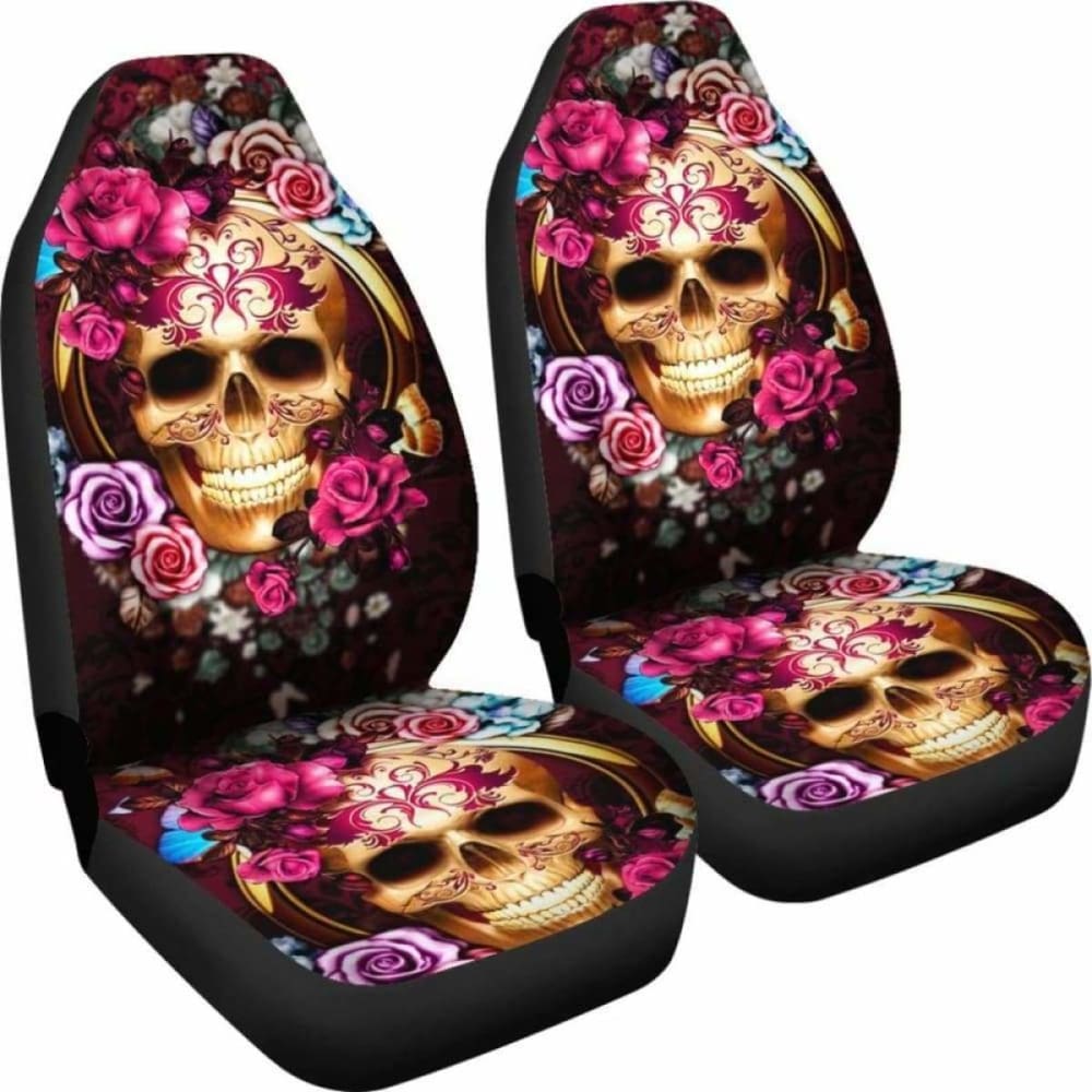Set Of 2 Floral Beautiful Sugar Skull Car Seat Covers 101207