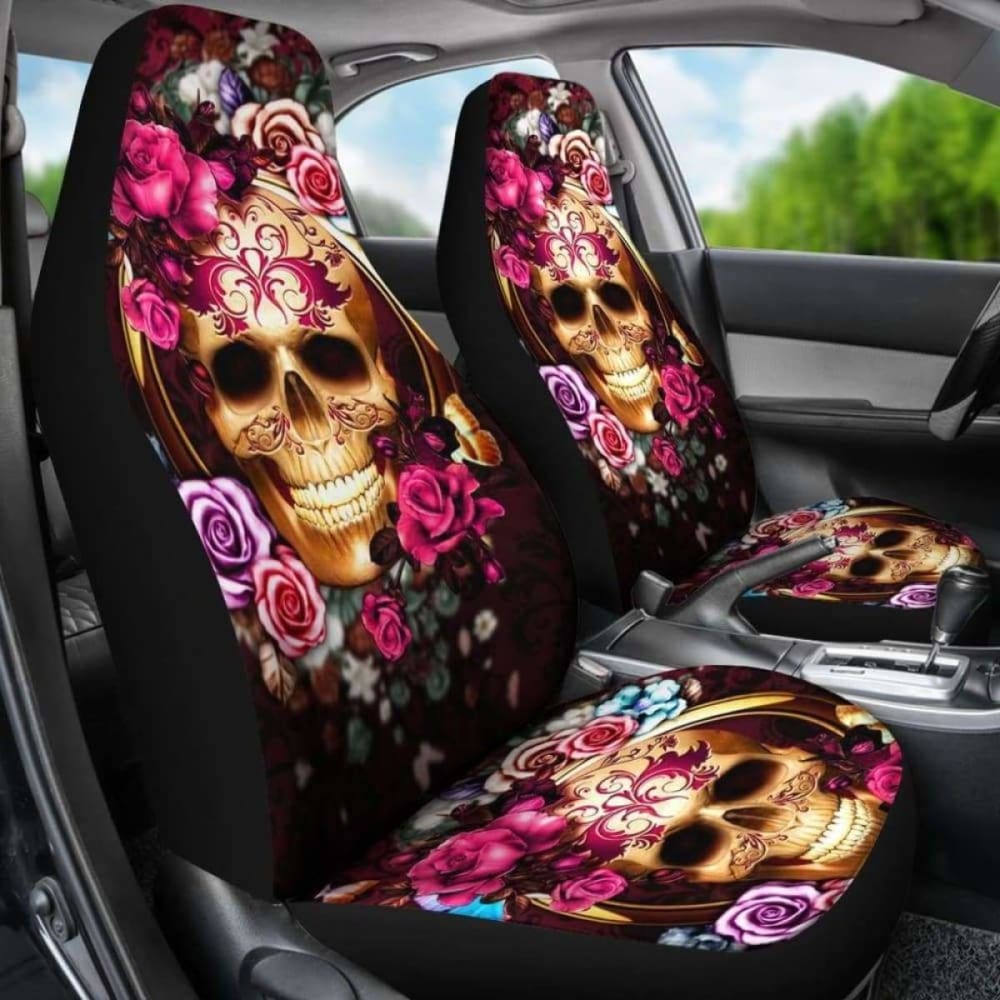 Set Of 2 Floral Beautiful Sugar Skull Car Seat Covers 101207