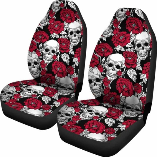 Set Of 2 - Floral Skull - Gothic Car Seat Covers 101207