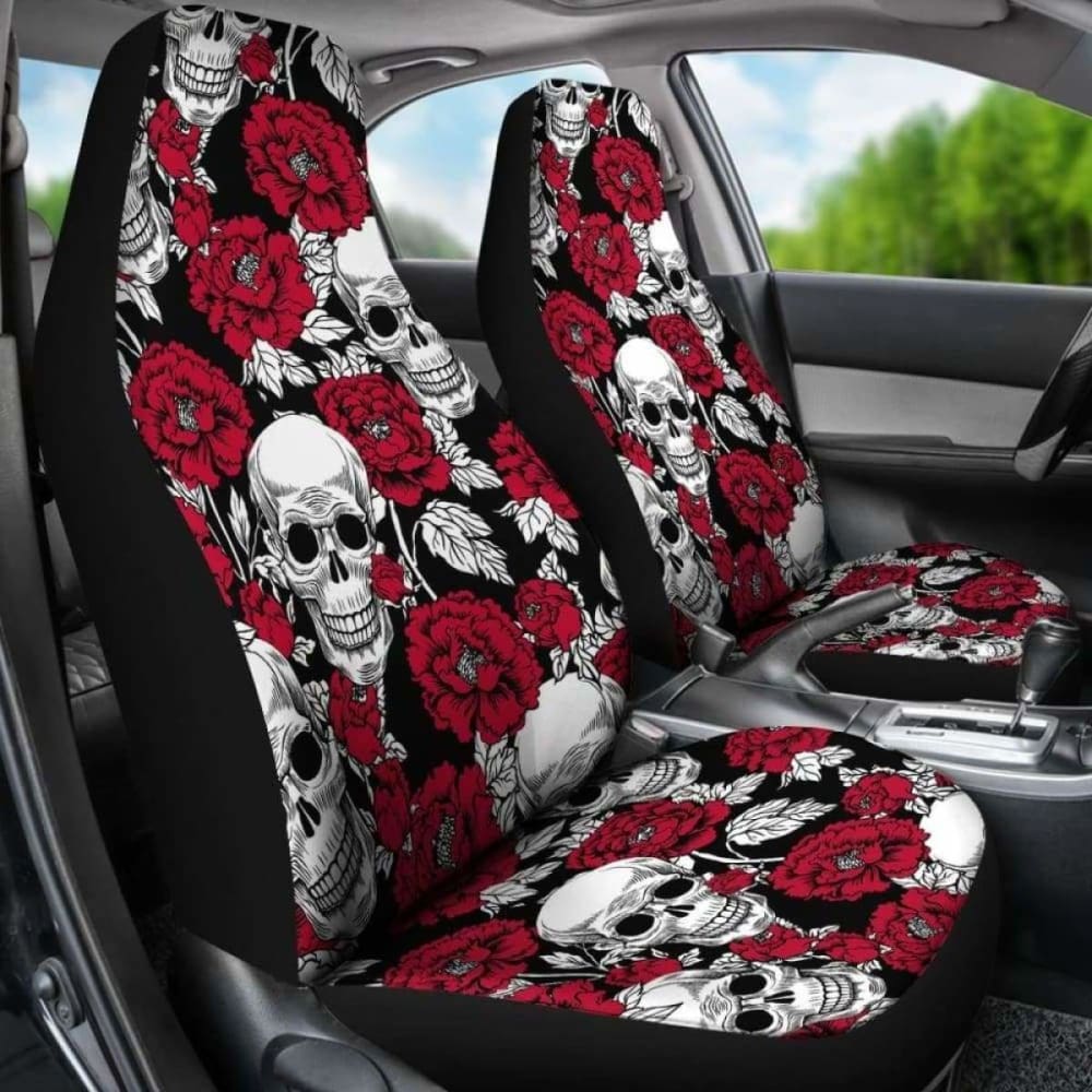 Set Of 2 - Floral Skull - Gothic Car Seat Covers 101207
