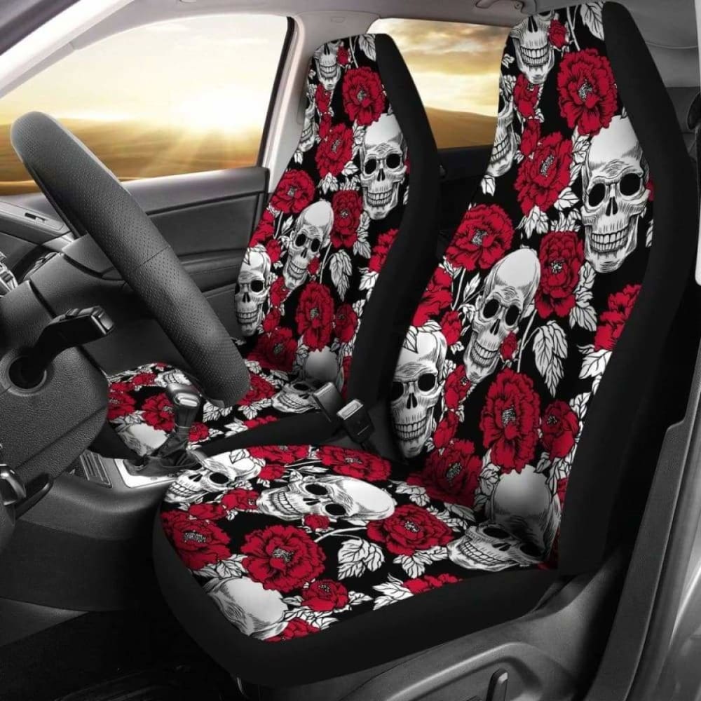 Set Of 2 - Floral Skull - Gothic Car Seat Covers 153908 - YourCarButBetter