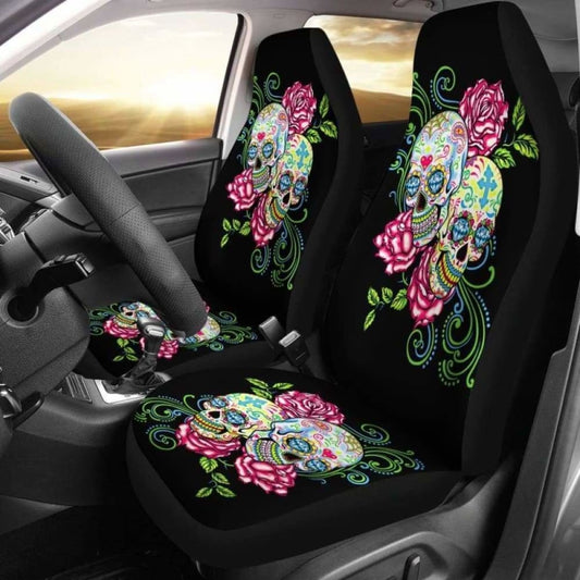 Set Of 2 Floral Sugar Skull Car Seat Covers 101207