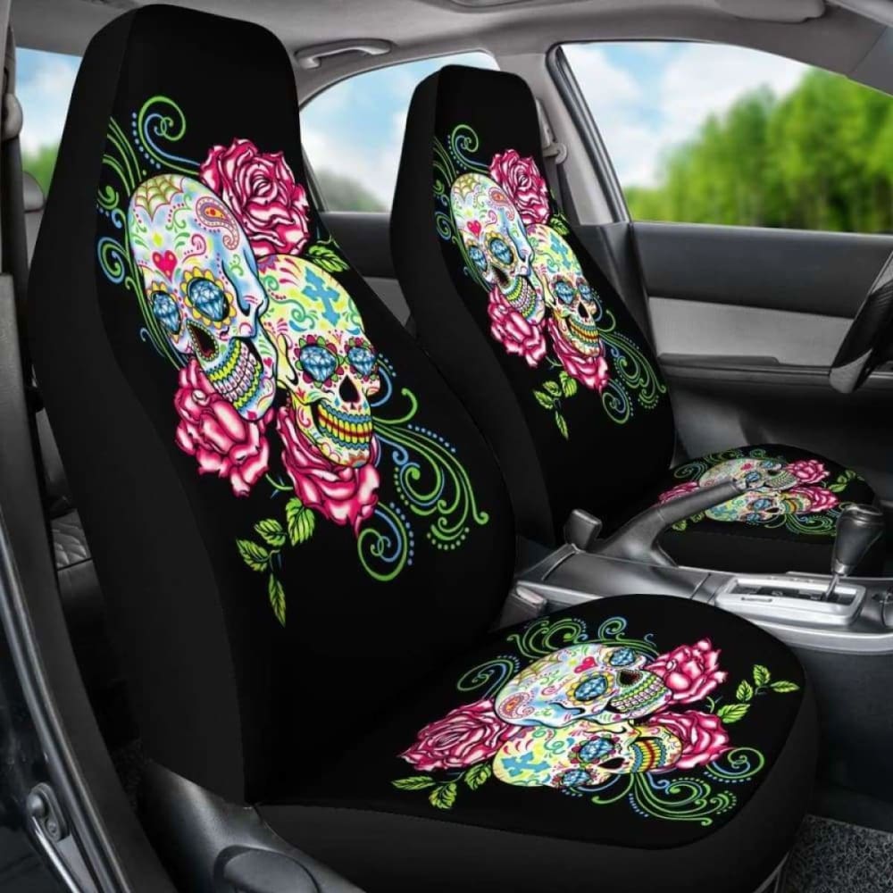 Set Of 2 Floral Sugar Skull Car Seat Covers 101207