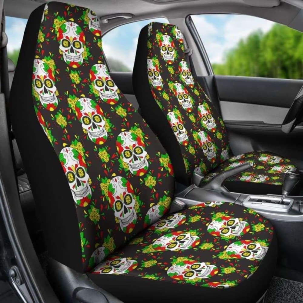 Set Of 2 Floral Sugar Skull Day Of The Dead Car Seat Covers 101207