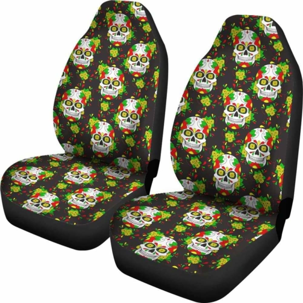 Set Of 2 Floral Sugar Skull Day Of The Dead Car Seat Covers 101207