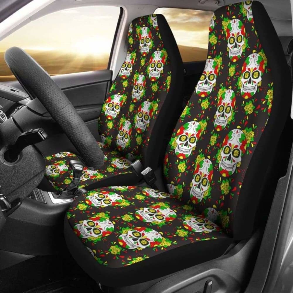 Set Of 2 Floral Sugar Skull Day Of The Dead Car Seat Covers 101207