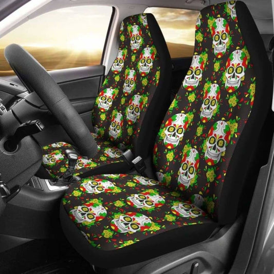 Set Of 2 Floral Sugar Skull Day Of The Dead Car Seat Covers 101207