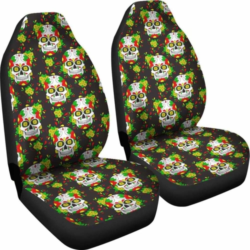 Set Of 2 Floral Sugar Skull Day Of The Dead Car Seat Covers 101207