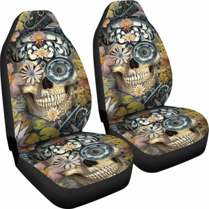 Set Of 2 Floral Sugar Skull Seat Covers 101207