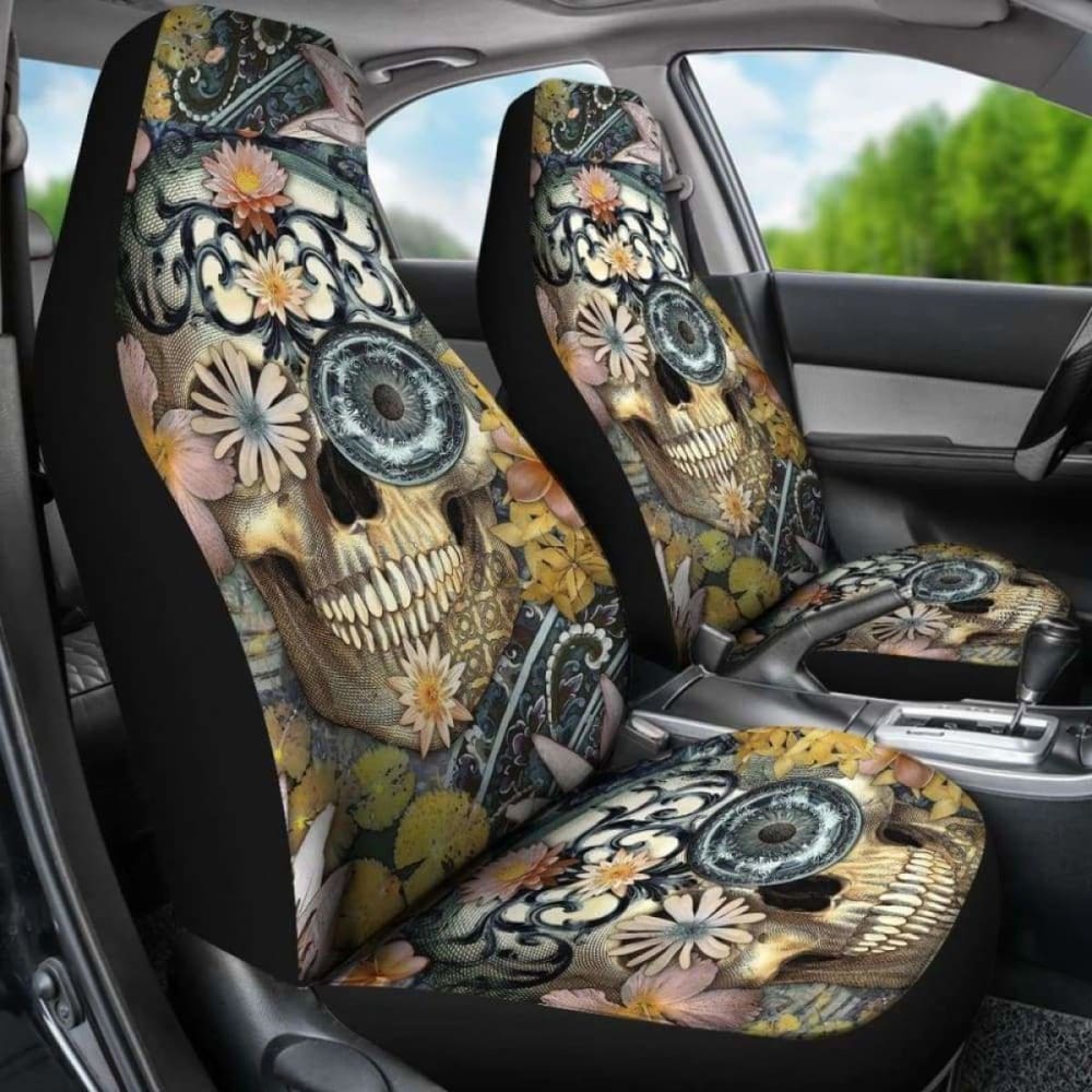 Set Of 2 Floral Sugar Skull Seat Covers 101207