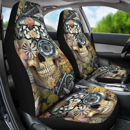 Set Of 2 Floral Sugar Skull Seat Covers 101207