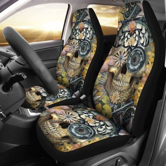 Set Of 2 Floral Sugar Skull Seat Covers 101207