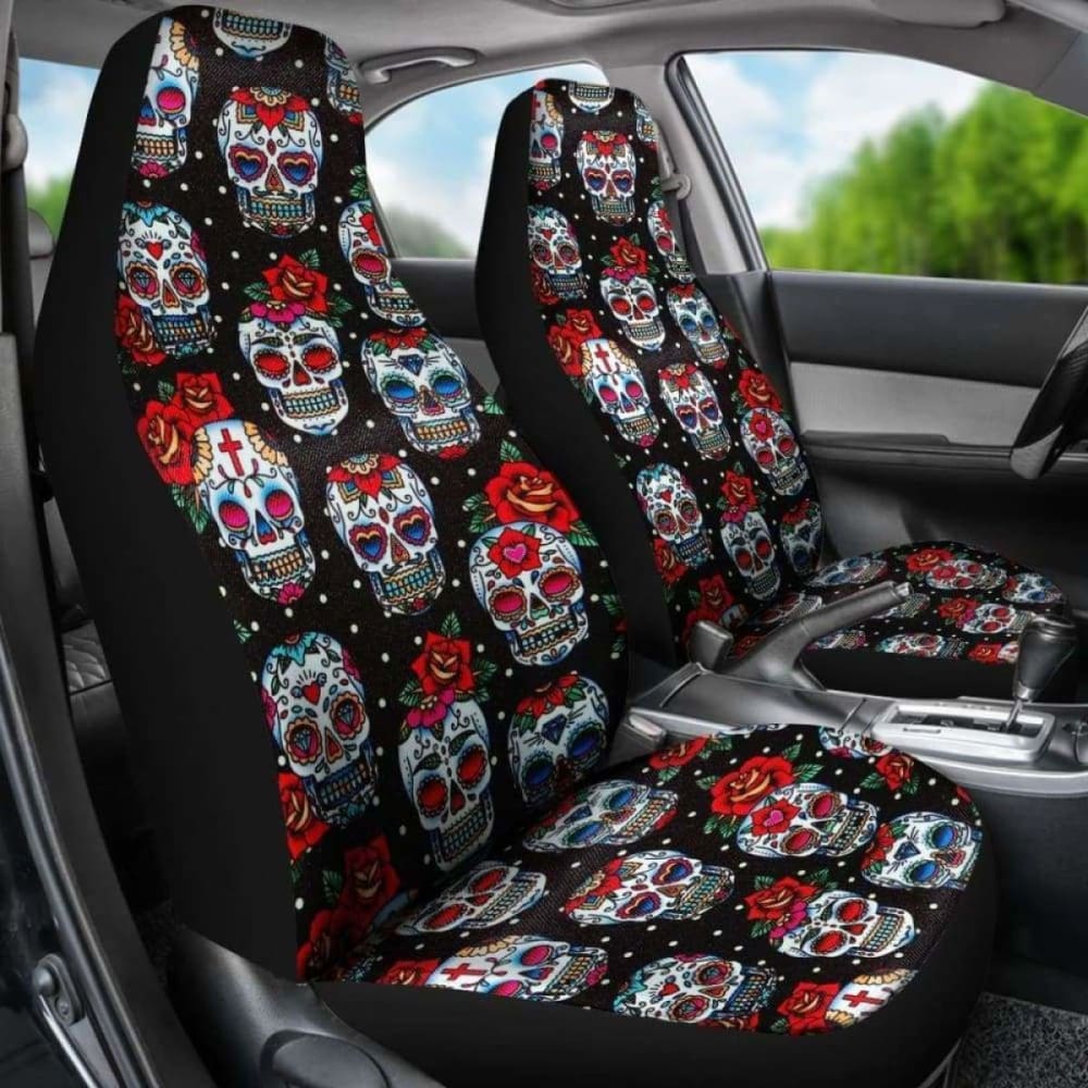 Set Of 2 Floral Sugar Skull Seat Covers 101207