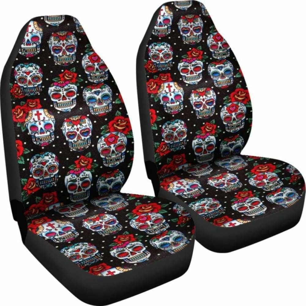 Set Of 2 Floral Sugar Skull Seat Covers 101207