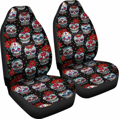 Set Of 2 Floral Sugar Skull Seat Covers 101207
