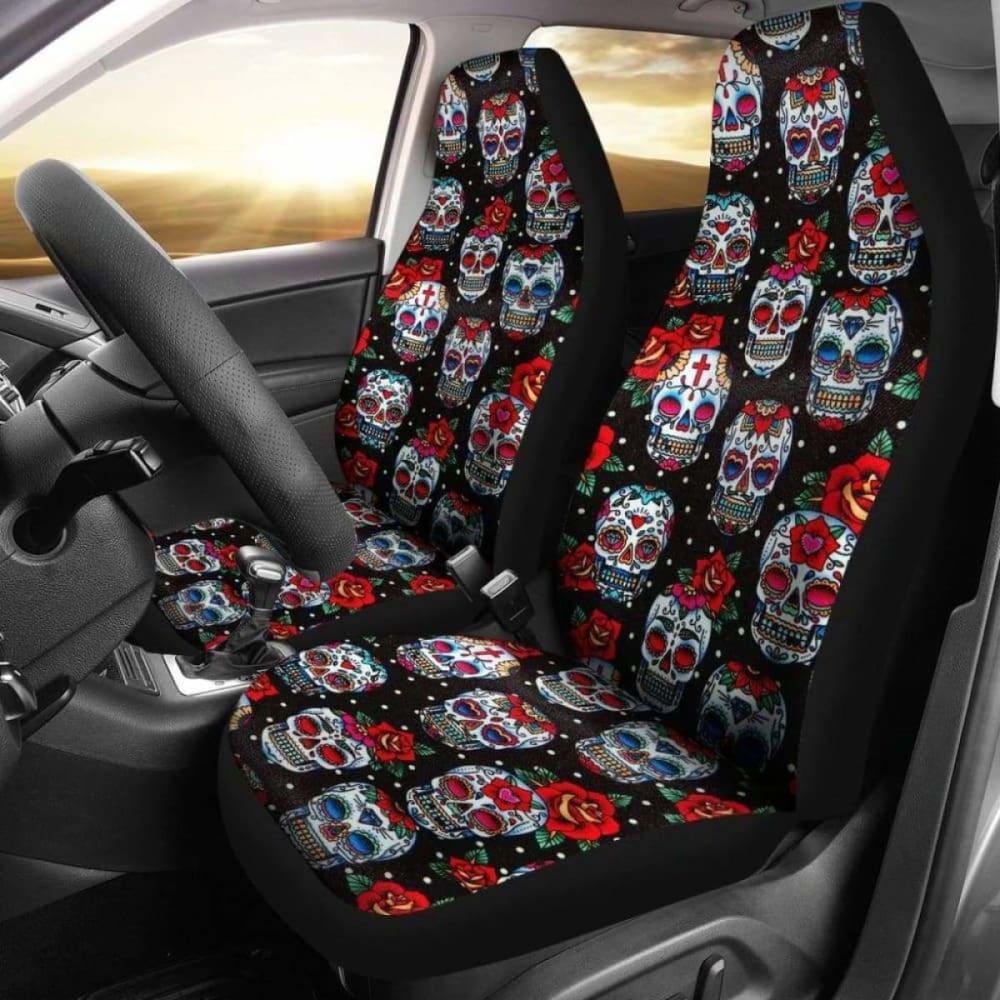 Set Of 2 Floral Sugar Skull Seat Covers 101207