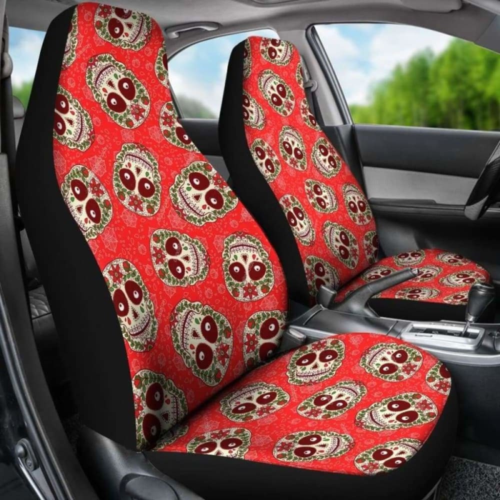 Set Of 2 Floral Sugar Skull Seat Covers - Day Of The Dead 101207