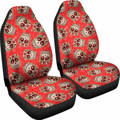 Set Of 2 Floral Sugar Skull Seat Covers - Day Of The Dead 101207