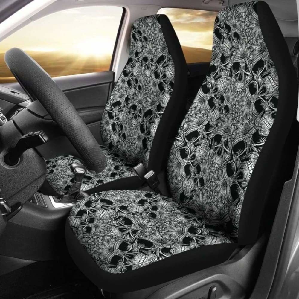 Set Of 2 Floral Sugar Skull Seat Covers - Day Of The Dead 101207