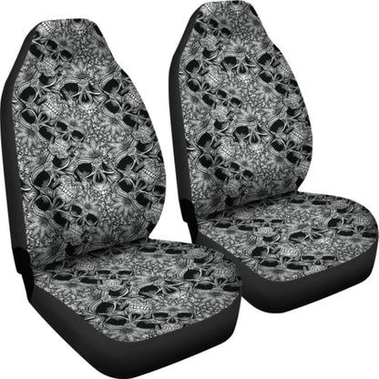 Set Of 2 Floral Sugar Skull Seat Covers - Day Of The Dead 101207