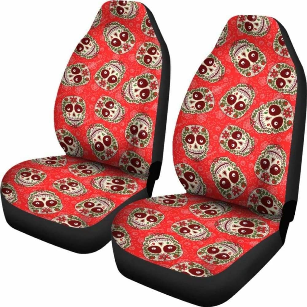 Set Of 2 Floral Sugar Skull Seat Covers - Day Of The Dead 101207