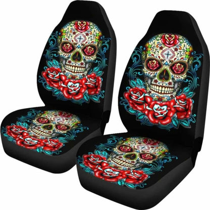 Set Of 2 - Flower Sugar Skull Seat Covers 101207