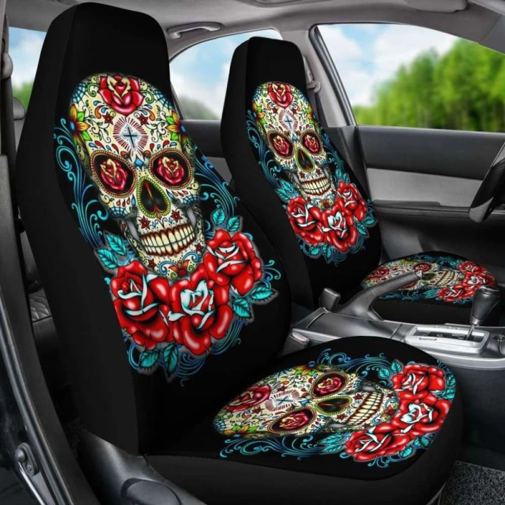 Set Of 2 - Flower Sugar Skull Seat Covers 101207
