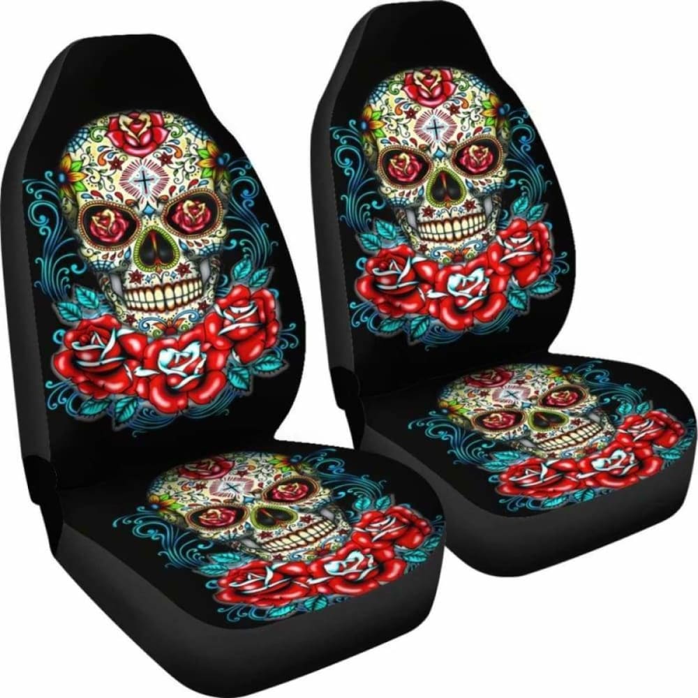 Set Of 2 - Flower Sugar Skull Seat Covers 101207